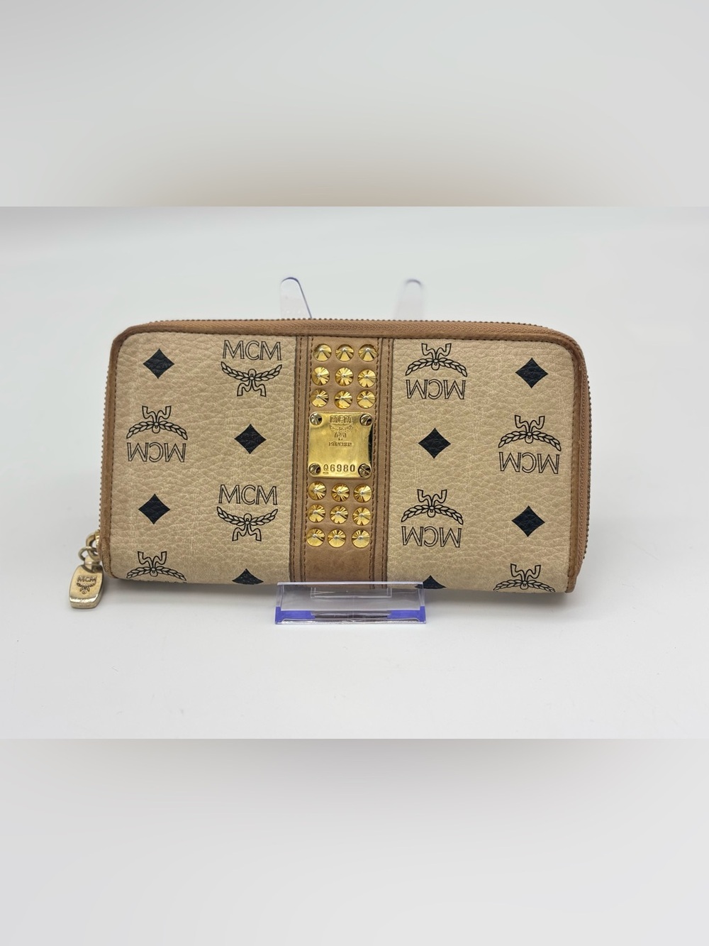 MCM Beige Visetos Studded Zip Wallet with Gold Plaque